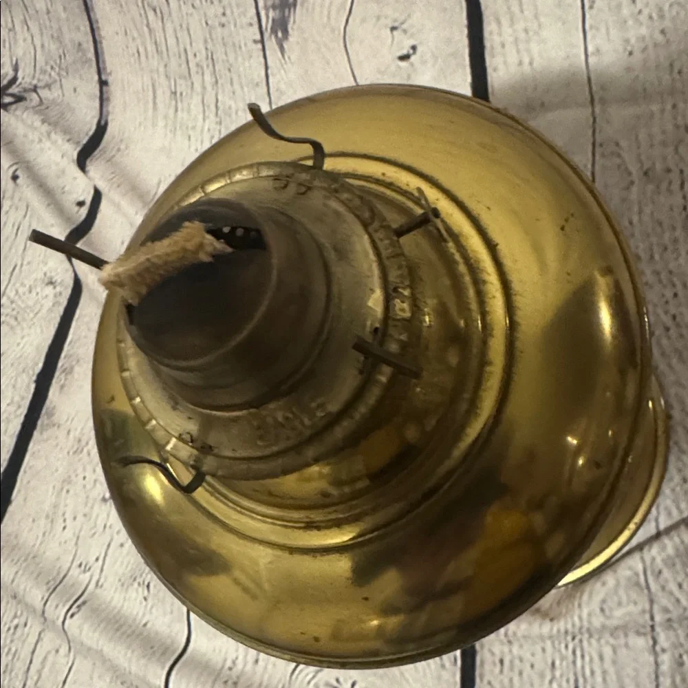 VTG Metal Oil Lamp, Glass Chimney Etching of Torches & Laurel Wreaths in white